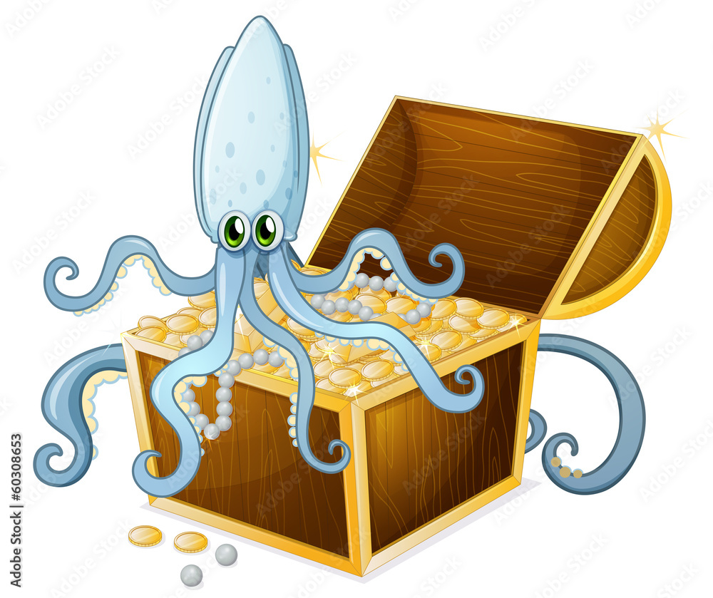 Naklejka premium An octopus above the treasure box