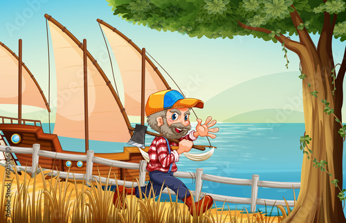 A smiling lumberjack walking while carrying an axe