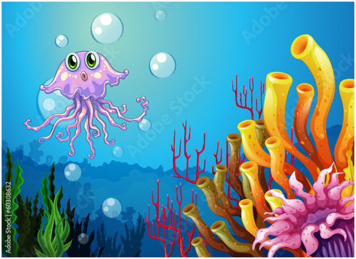 Canvas Print An octopus and the coral reefs under the sea