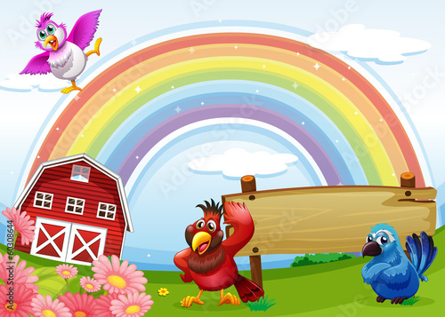 Birds at the farm with a rainbow and an empty signboard