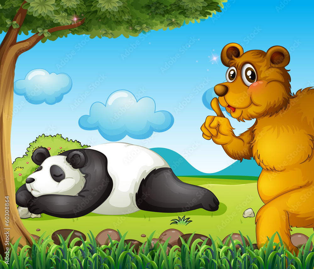 Obraz premium A white bear sleeping soundly and a brown bear under the tree