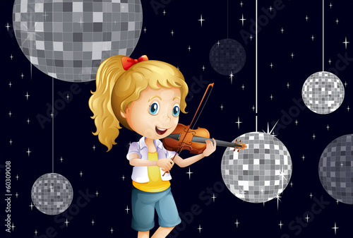 A girl at the disco house playing with the violin