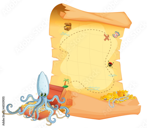 Obraz na płótnie A treasure map and an octopus above the treasure box