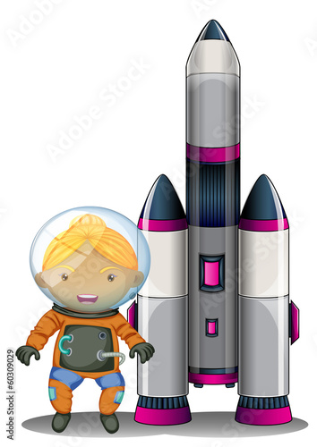 An astronaut standing beside the big spaceship