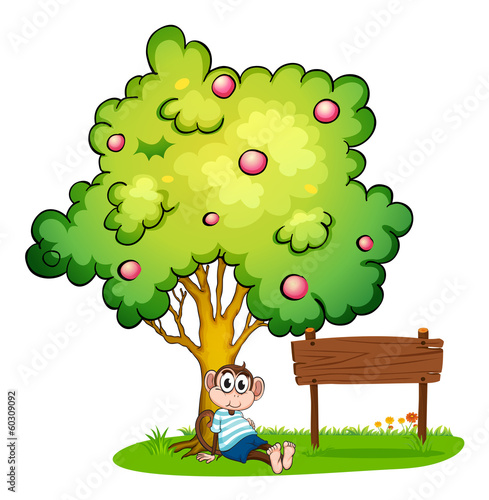 A monkey resting under the tree beside the empty wooden board