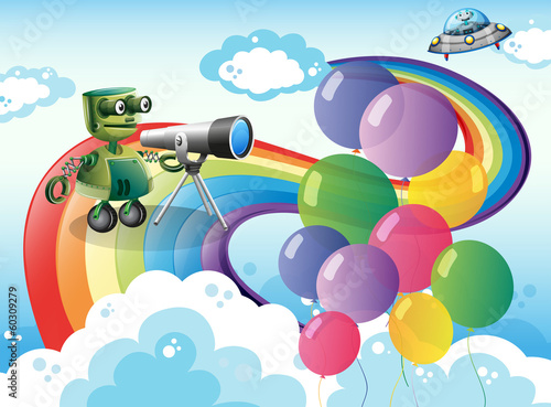 Robots in the sky with a rainbow and balloons