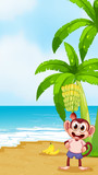 A monkey at the beach with bananas