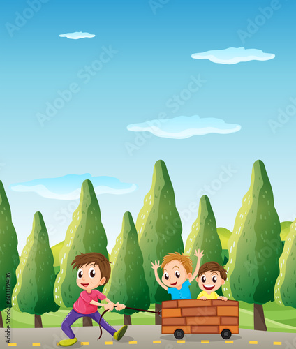Kids playing at the road with pine trees