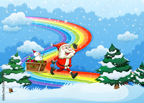 Santa and his sleigh walking at the rainbow