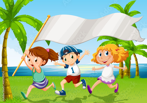 Kids running with an empty banner