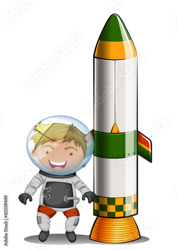 An astronaut beside the rocket