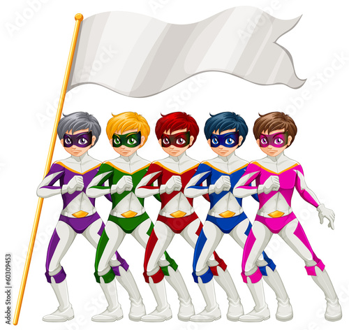 Five superheroes and an empty banner