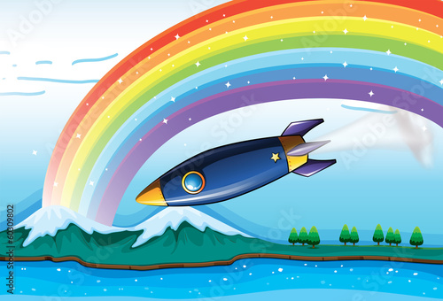 A rainbow with sparkling stars and an aircraft