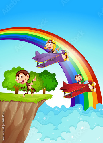 Playful monkeys at the cliff with a rainbow