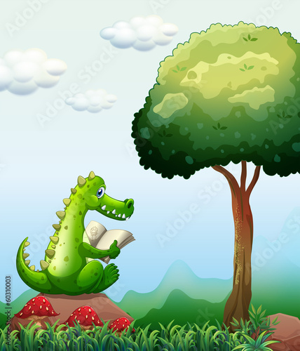 A crocodile reading above the rock near the tree