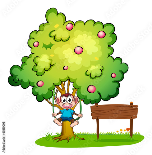 A monkey swinging beside the empty wooden board