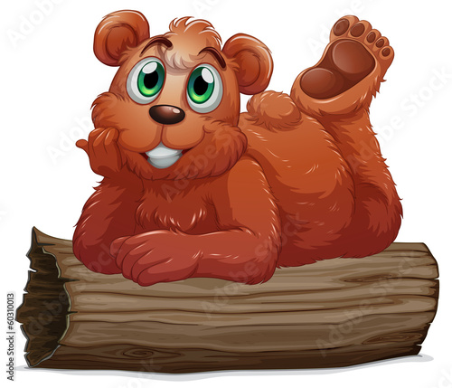 A bear resting above the log