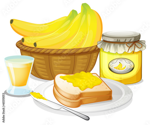 Banana jam, juice and a sandwich