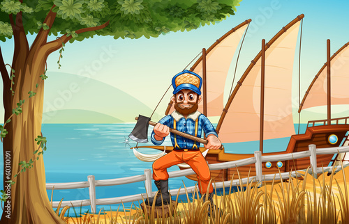 A woodman at the forest near the sea with a ship