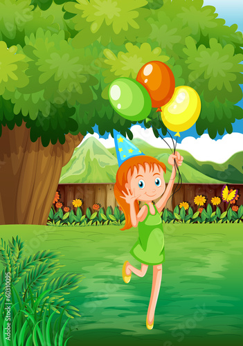 A young girl at the backyard with three balloons
