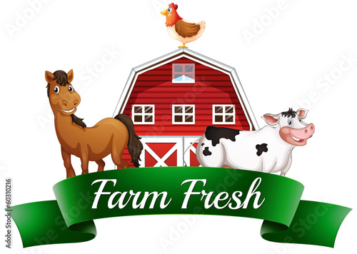 Farm animals, a barnhouse and a signboard