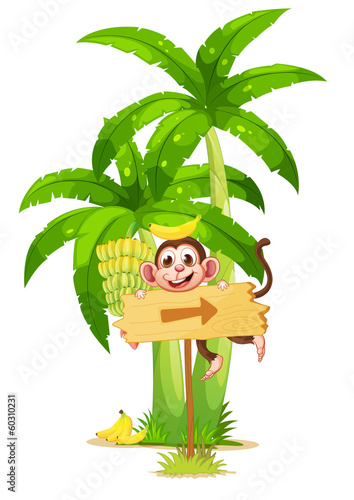 An arrowboard with a monkey near the banana plant