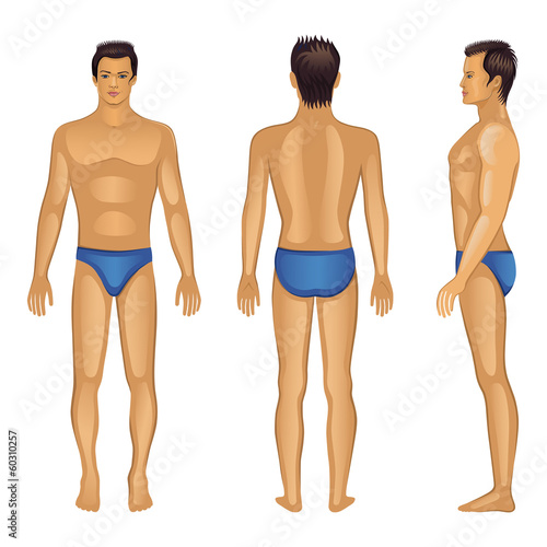 Full length views of a standing smile brunet naked man