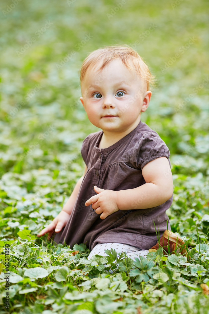 Girl toddler sits in grass on lawn Girl toddler sits in grass on lawn