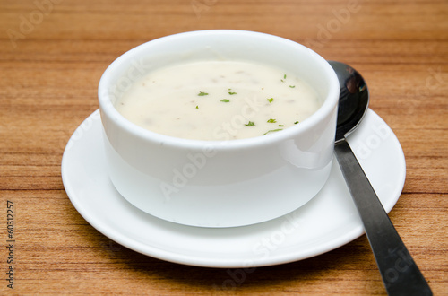 Creamy mushroom soup in a white bowl