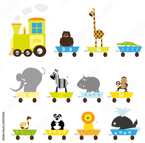 Fototapeta Naklejka Na Ścianę i Meble -  zoo train with wild animals - big set - vector illustration