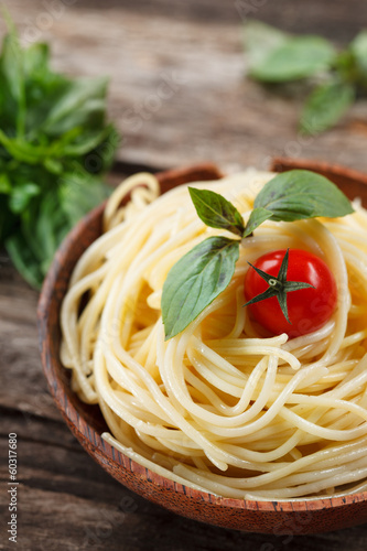 Spaghetti with tomato and basil. Organic food.