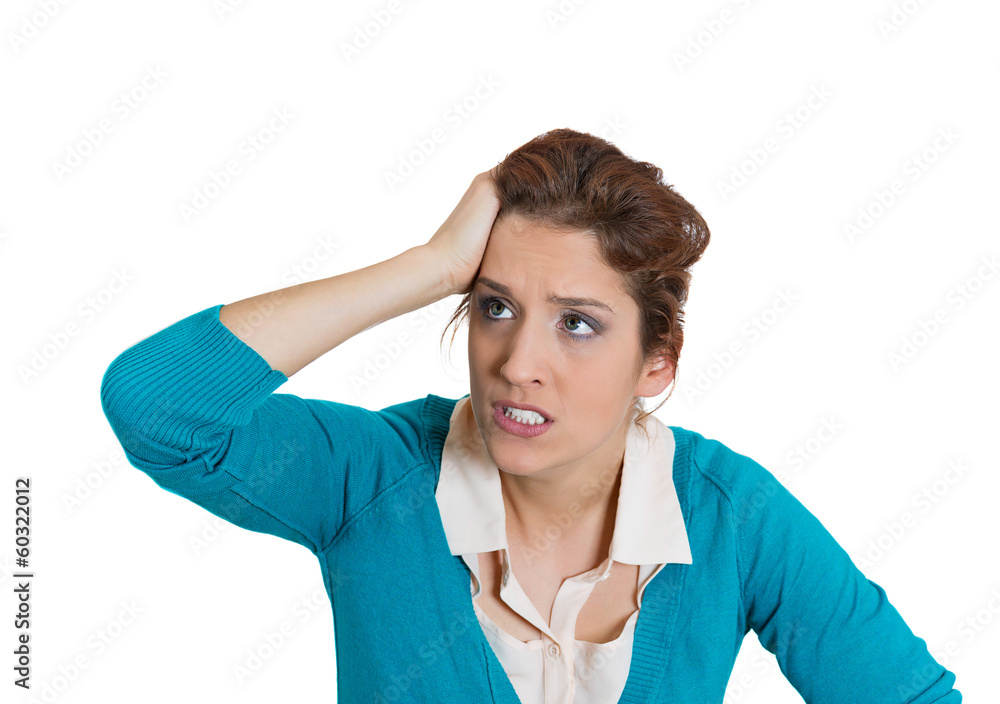 Portrait frustrated stressed woman with hand on face Portrait frustrated stressed woman with hand on face