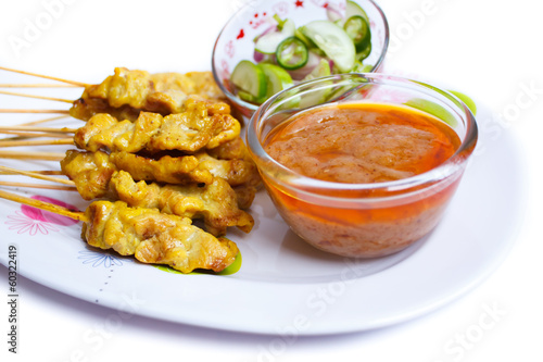 Grilled Pork Satay with Peanut Sauce and Vinegar.