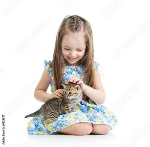 happy child girl with kitten