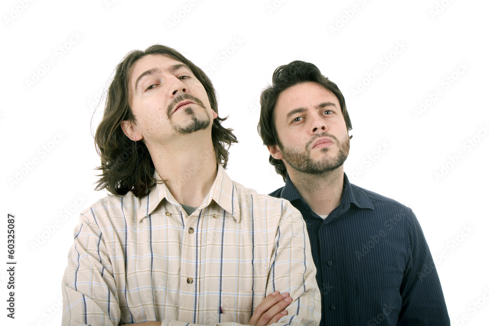 Two casual young men portrait isolated on white background Two casual young men portrait isolated on white background