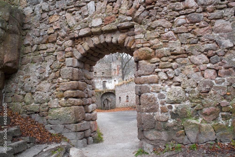 Medieval castle Bolczow ruins in forest, Poland