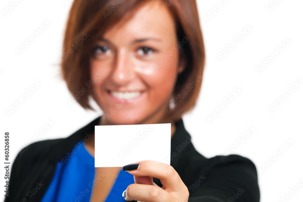 Smiling businesswoman holding a blank card Smiling businesswoman holding a blank card
