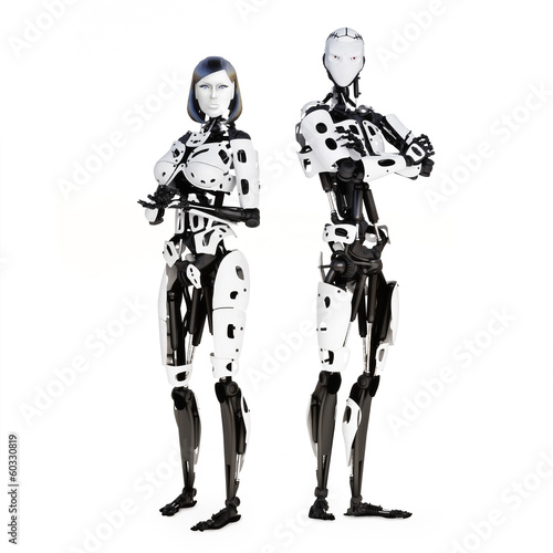 Female and male cyber robot posing on a white background.