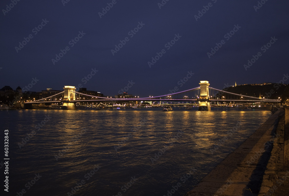 Illuminated Szechenyi Chain Bridge, Budapest, Hungar