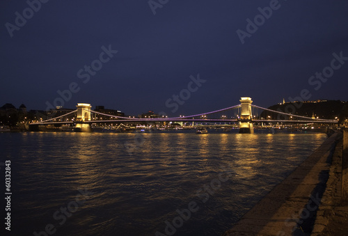 Illuminated Szechenyi Chain Bridge, Budapest, Hungar photo