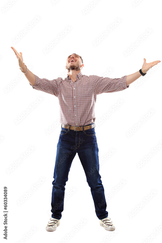 happy young man celebrating success on white background happy young man celebrating success on white background