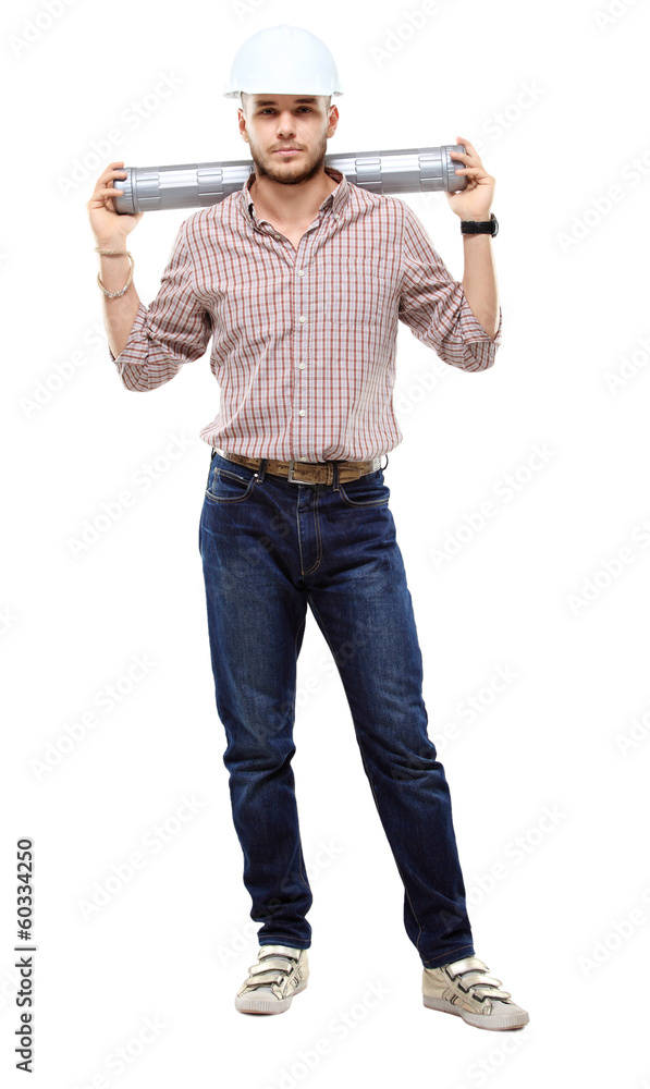 Happy young businessman architect on white background Happy young businessman architect on white background