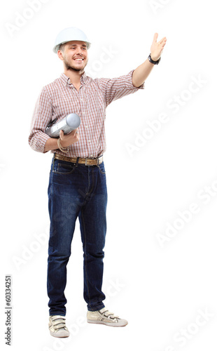 Happy young businessman architect on white background