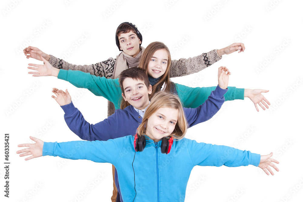 group of happy young boys over white background group of happy young boys over white background