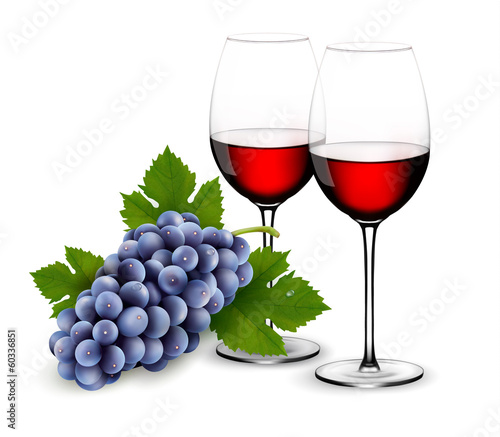 Two glasses of red wine with grapes. Vector.