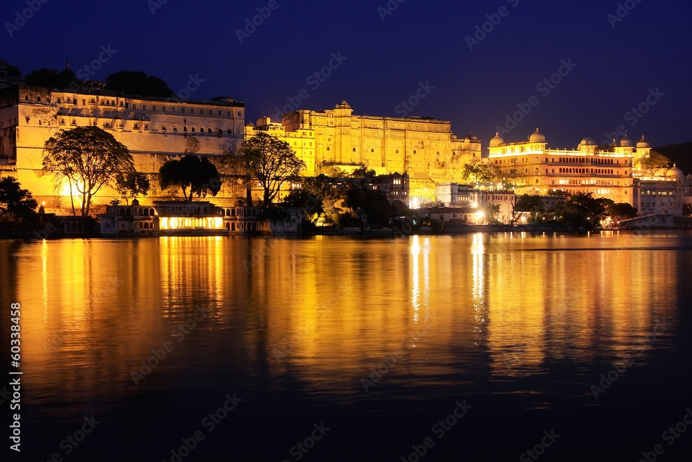 City Palace complex at night, Udaipur, Rajasthan, India