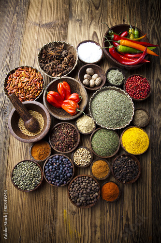 Assortment of spices in wooden bowl background 