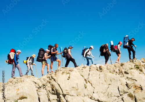 Hikers group trekking in Crimea photo