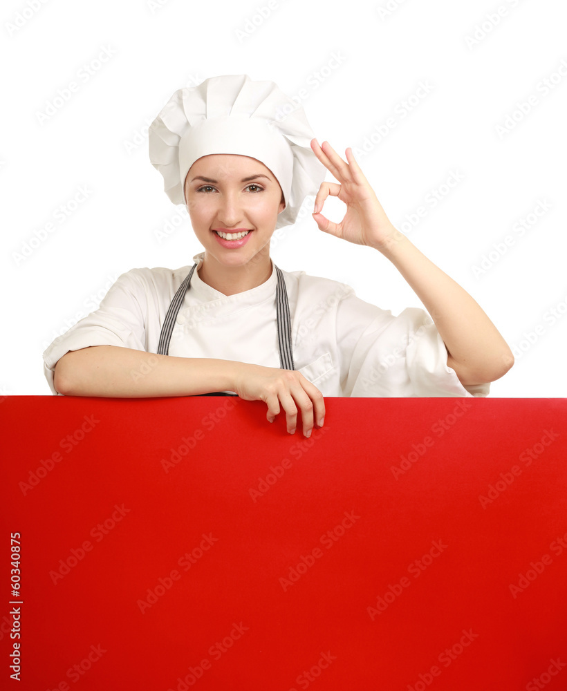 Chef woman holding a blank board and showing ok Chef woman holding a blank board and showing ok