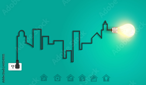 Vector cityscape with creative wire light bulb idea concept